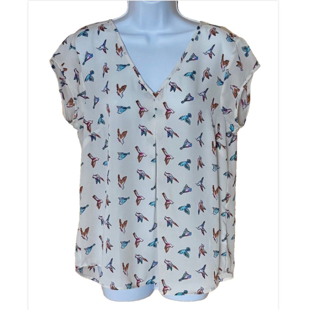 DR2 Cap Sleeve Blouse Sheer V Neck Birds Whimsical Fairy Nature Lightweight Med